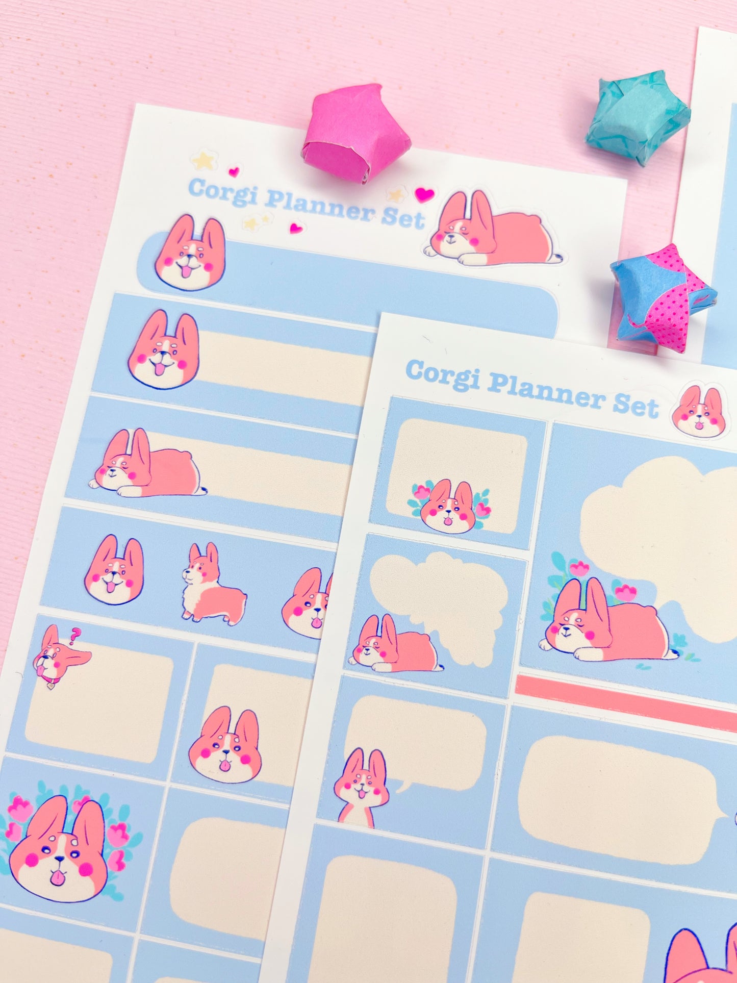 Cute Pastel Blue Pembroke Welsh Corgi Planner Sticker Set for Hobonichi Weeks and Other Planners