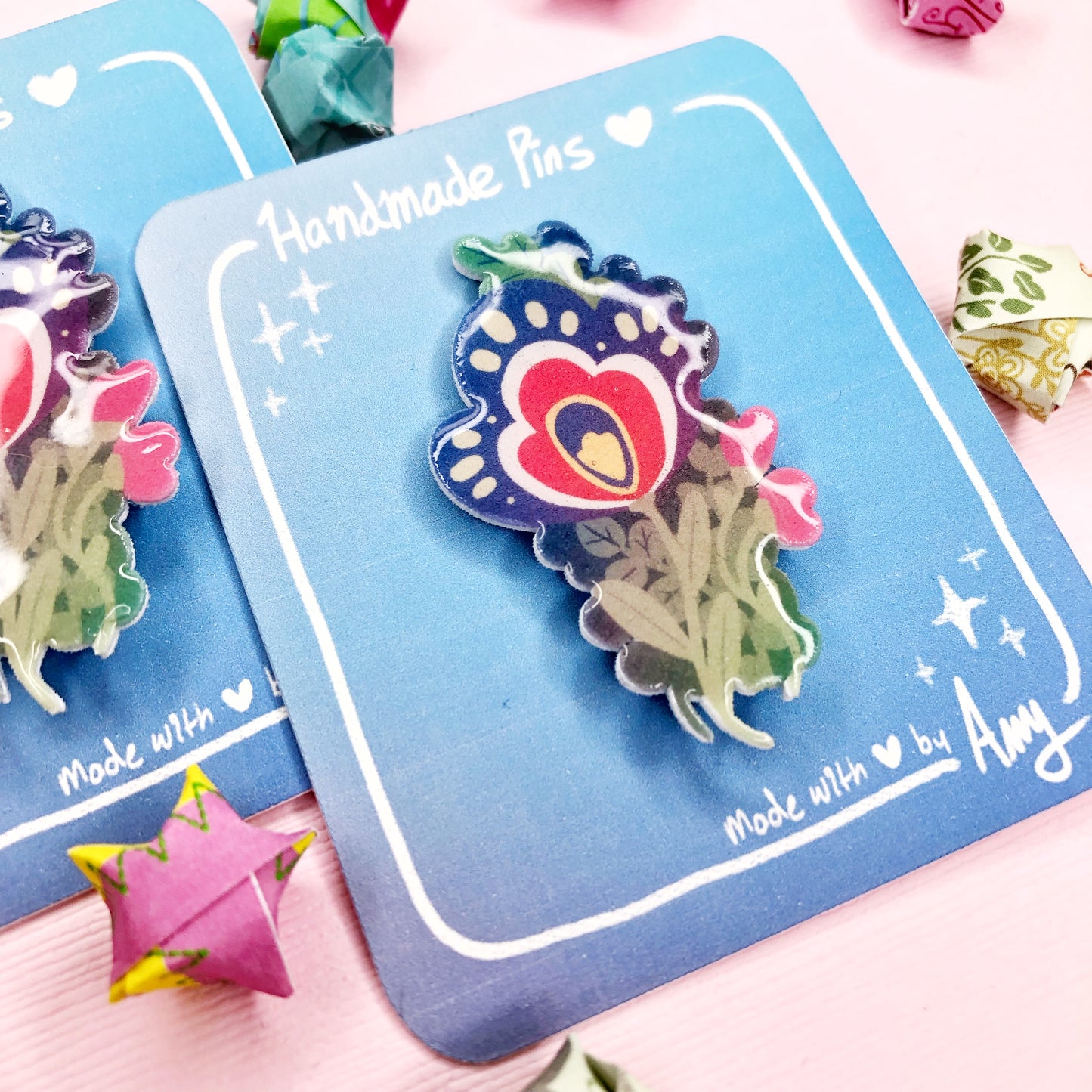 Handmade Folk Art Floral Shrink Film and Resin Brooches