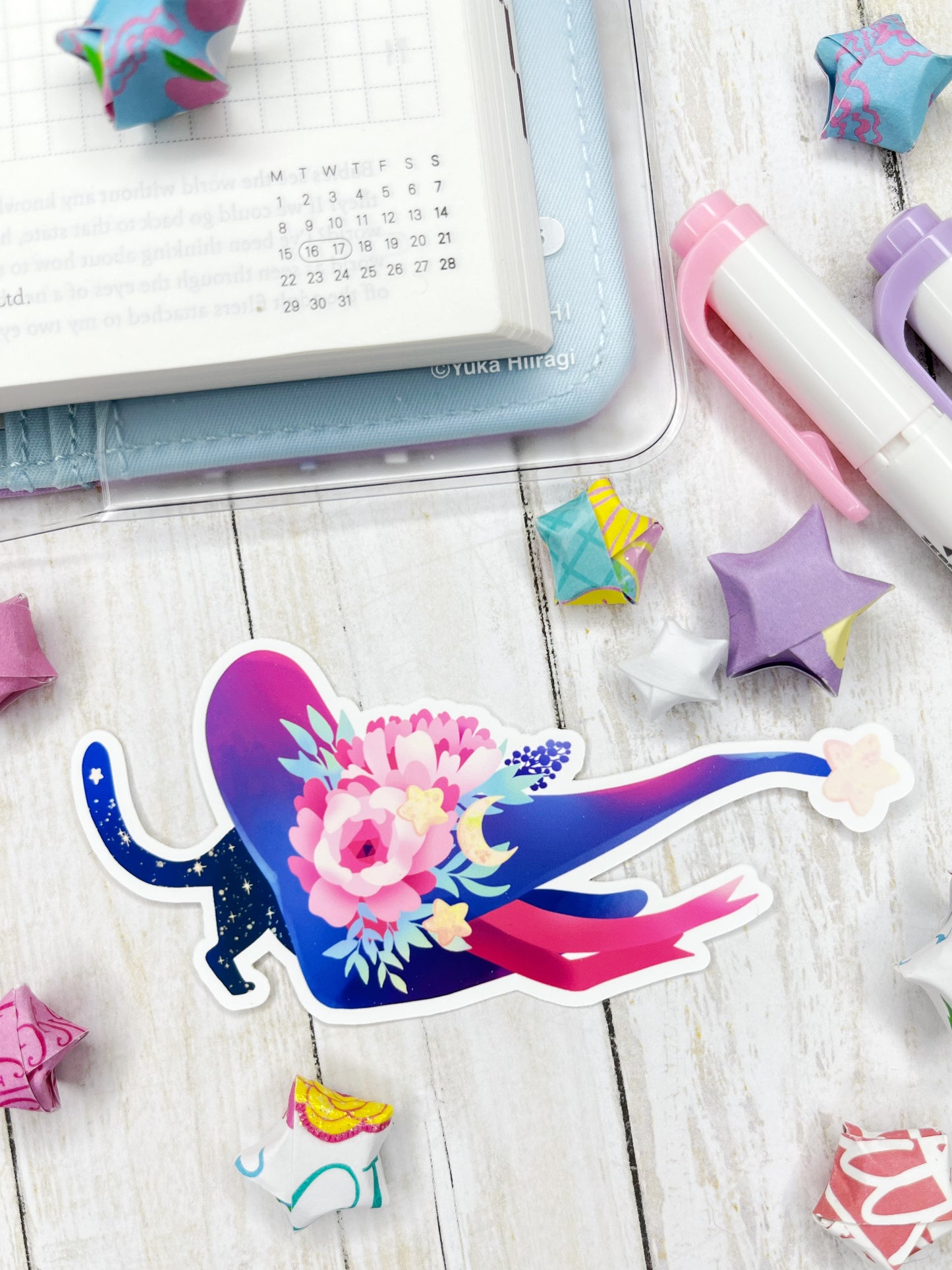 Cute Celestial Cat in a Floral Deco Witch Hat for Planners, water bottles and more!