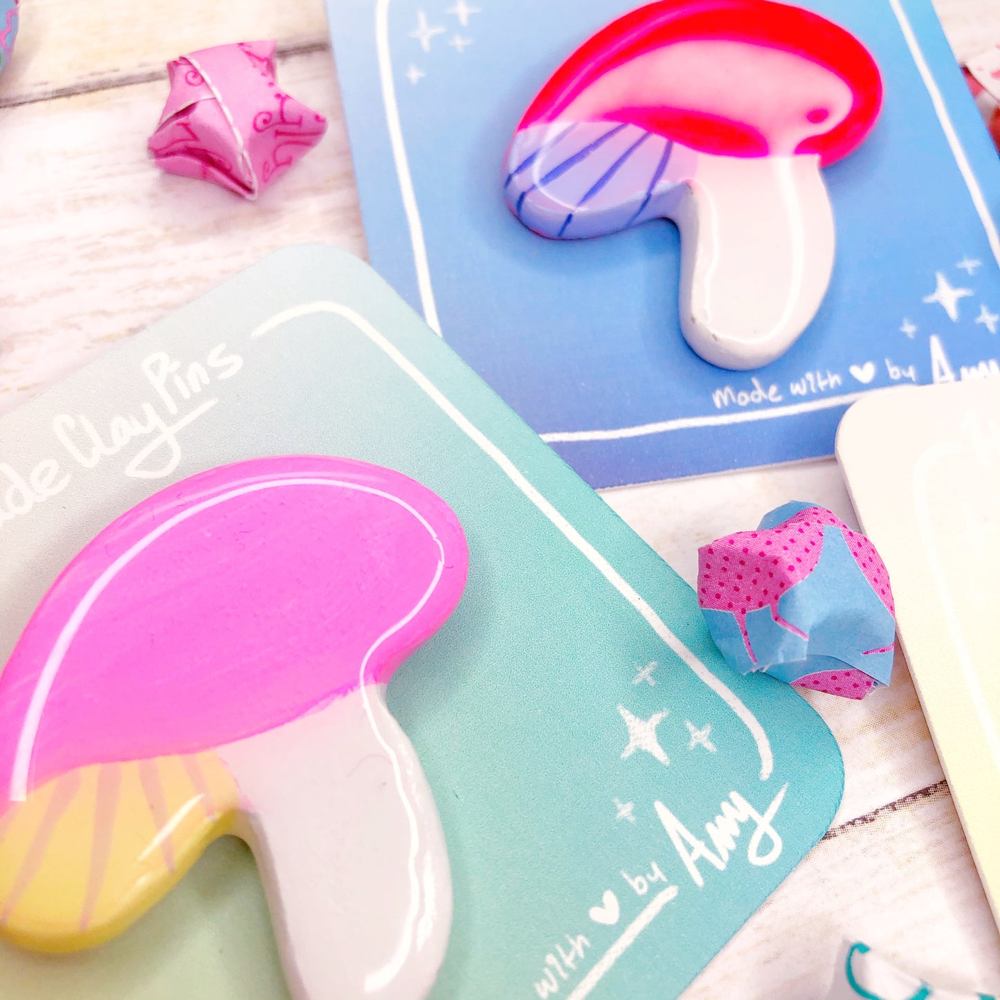 Simple Clay Mushroom Brooch Designs in Hot Pink with Resin Coating