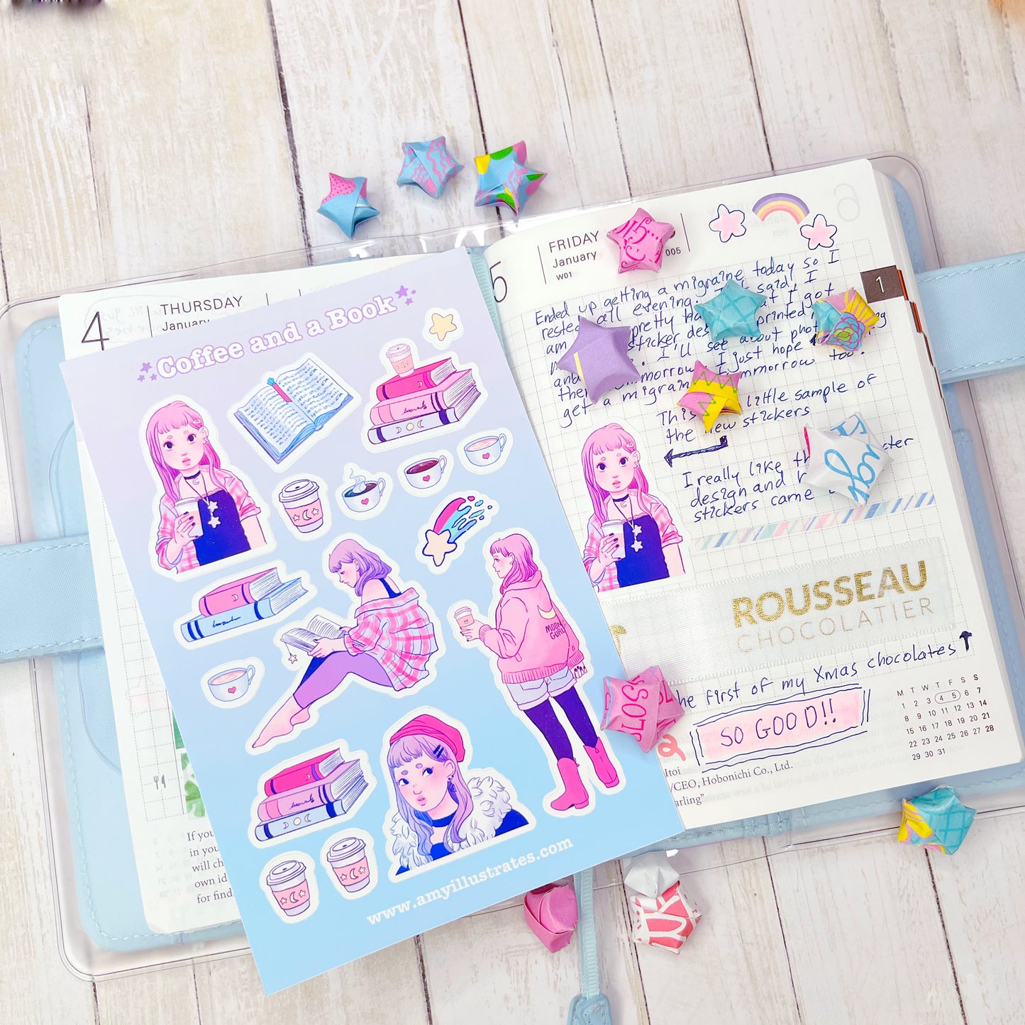 Cute Pink and Lavender Girl with Coffee and Books Planner Stickers.