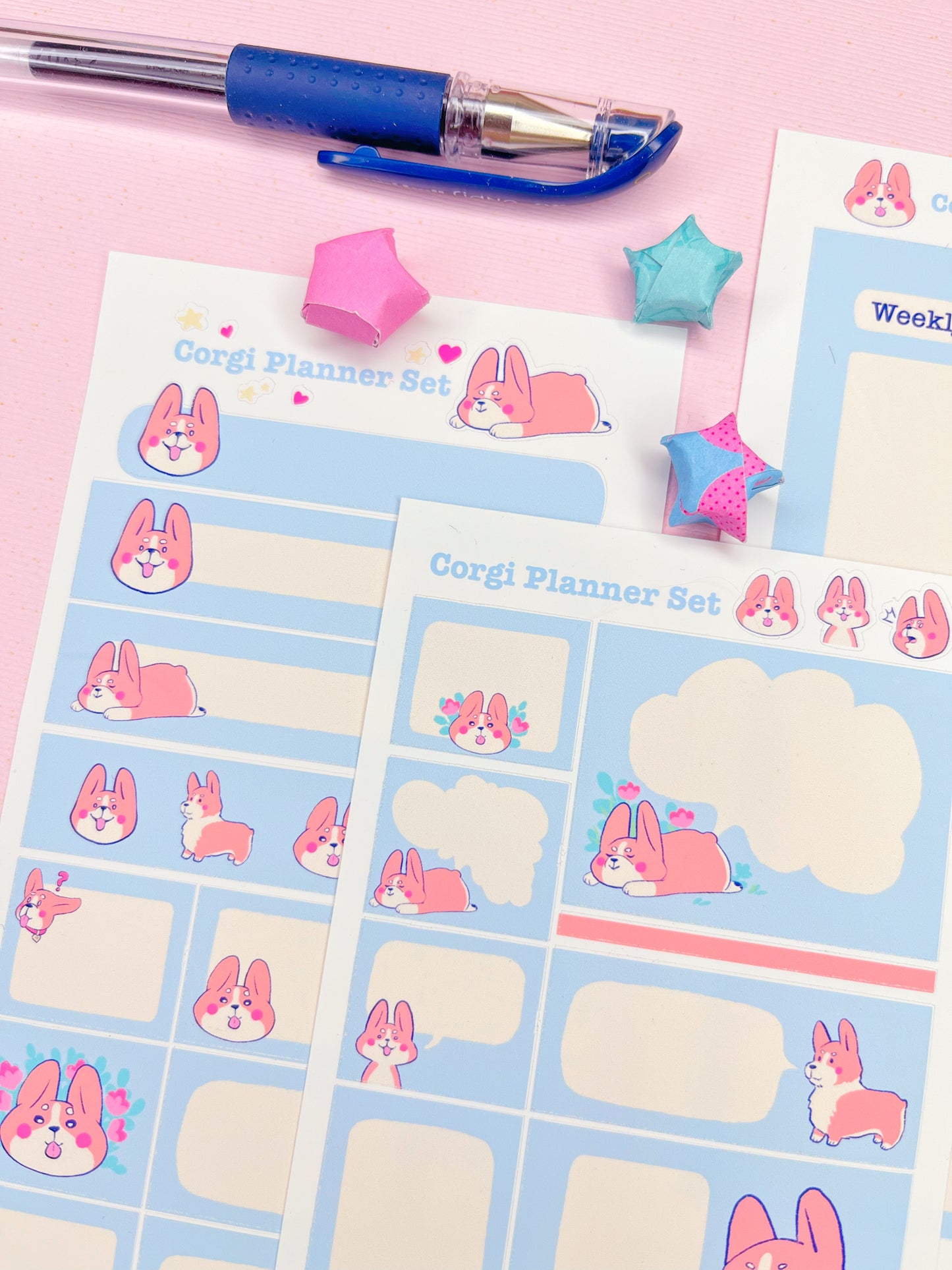 Cute Pastel Blue Pembroke Welsh Corgi Planner Sticker Set for Hobonichi Weeks and Other Planners