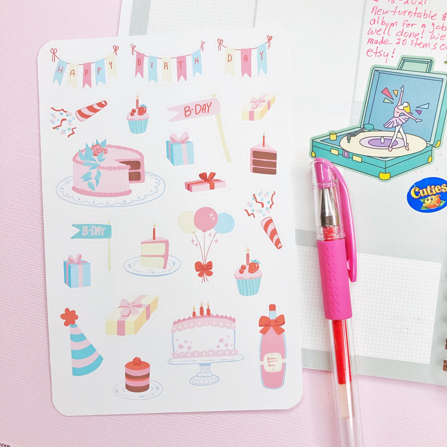 Cute Pink Teal Birthday Stickers for Planners and Bullet Journals and more!