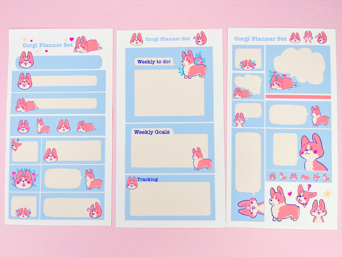 Cute Pastel Blue Pembroke Welsh Corgi Planner Sticker Set for Hobonichi Weeks and Other Planners