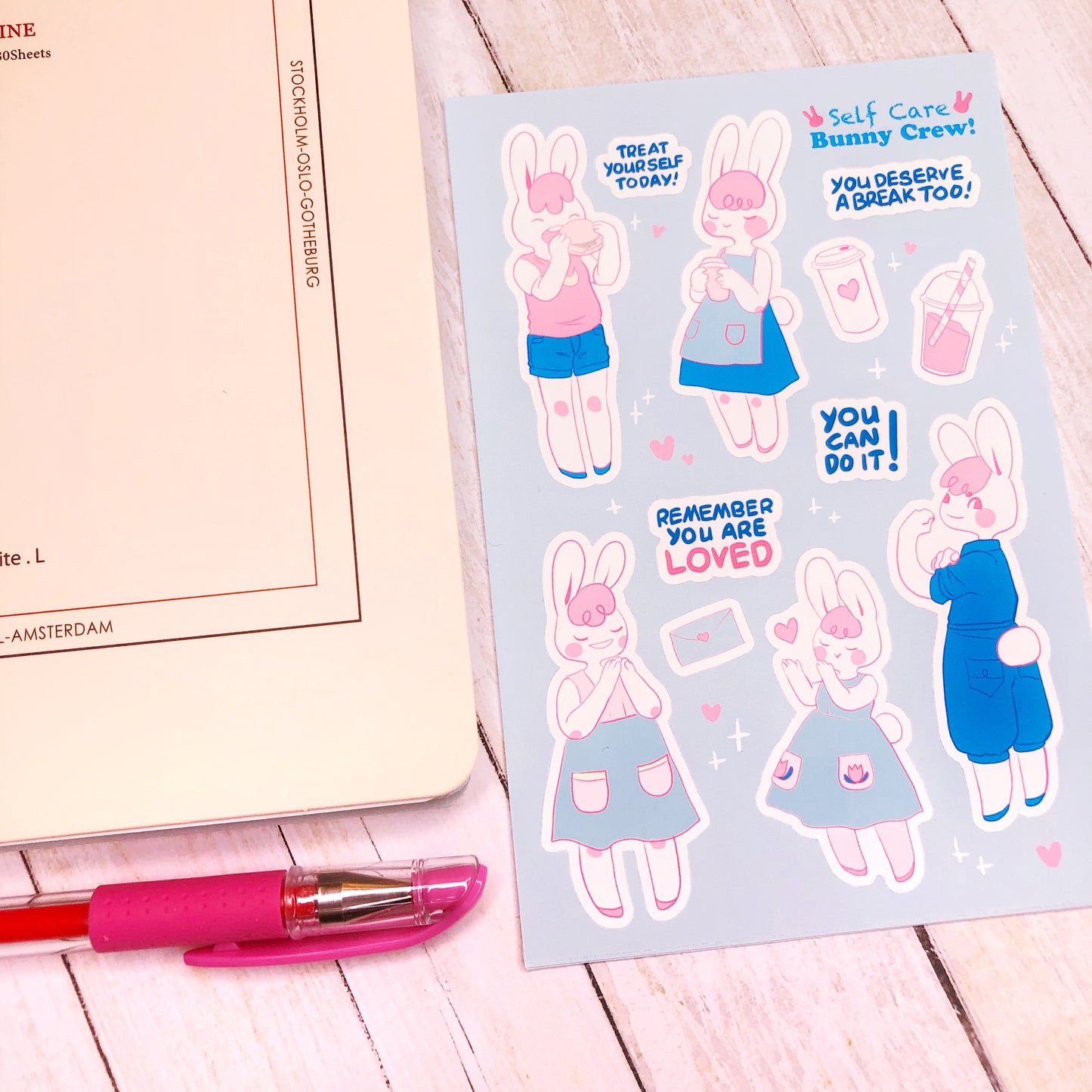 Cute Kawaii Cartoon Bunny Self Care Stickers for Journaling, Art Journals, Planners and more!