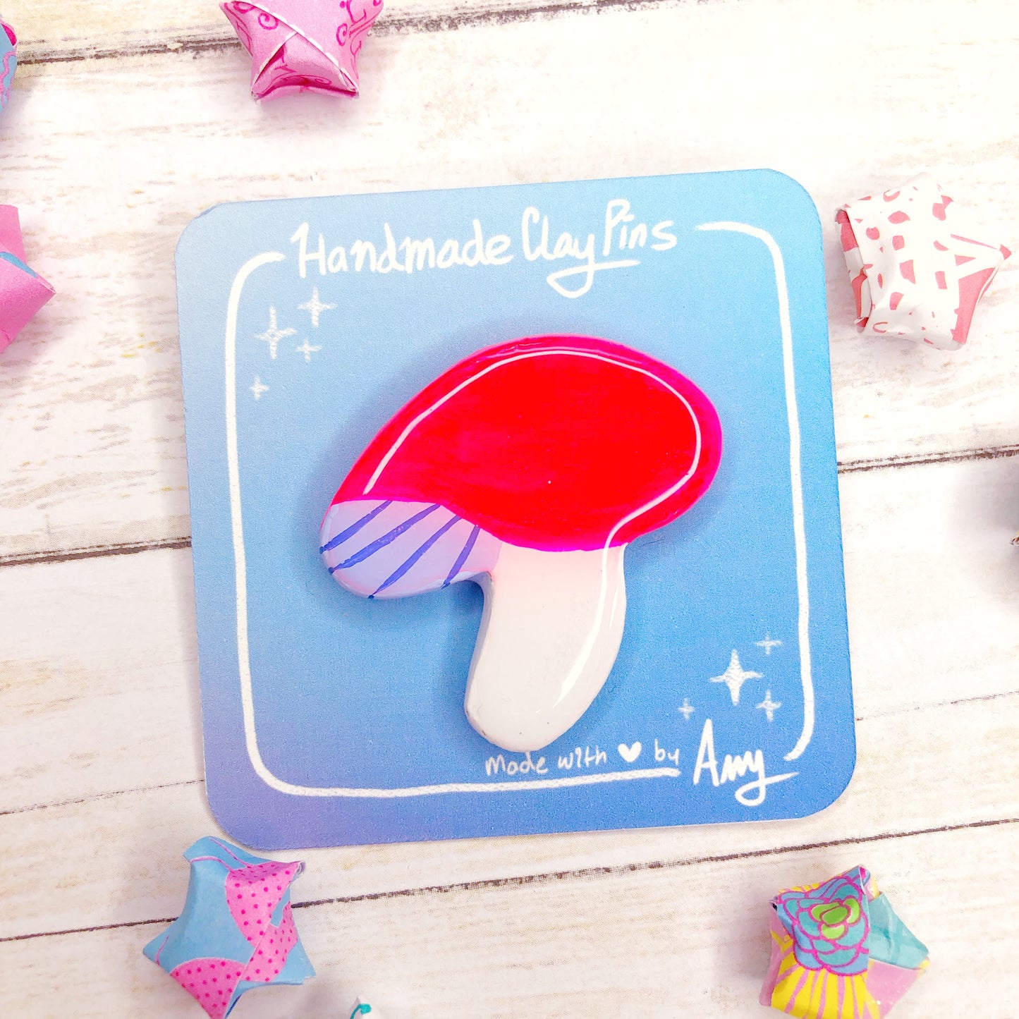 Simple Clay Mushroom Brooch Designs in Hot Pink with Resin Coating