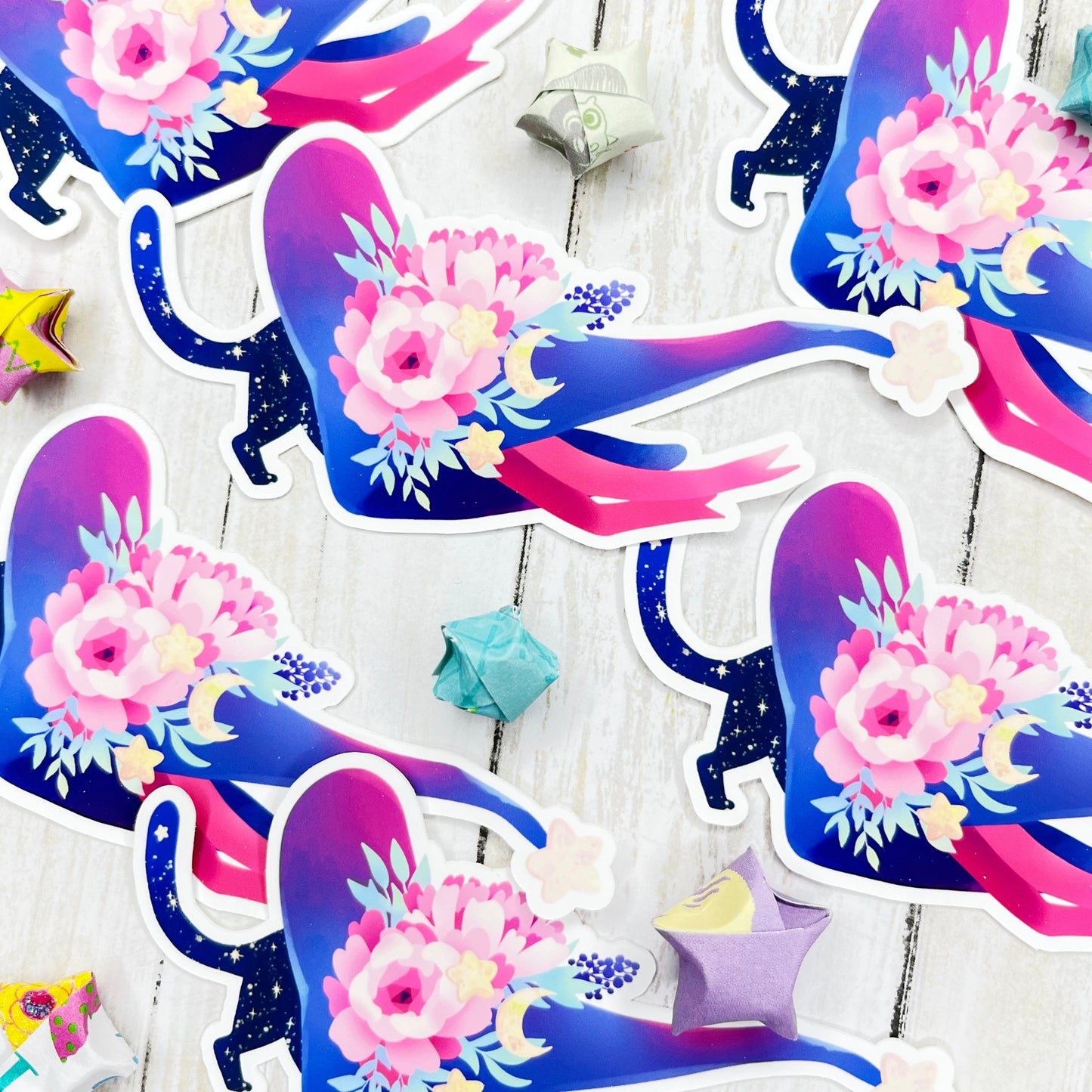 Cute Celestial Cat in a Floral Deco Witch Hat for Planners, water bottles and more!