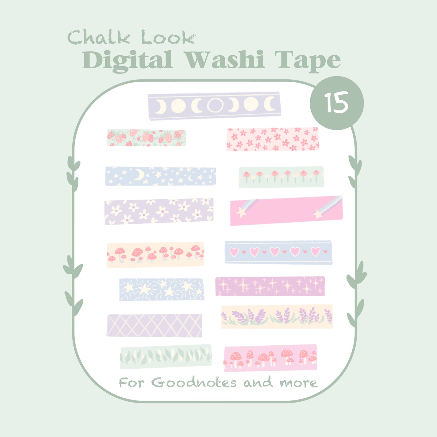 Set of 15 different digital washi tape stickers for online planners in chalk pastel cottagecore for goodnotes notability ipad scrapbooking