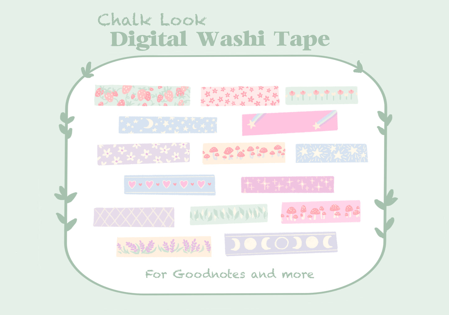 Set of 15 different digital washi tape stickers for online planners in chalk pastel cottagecore for goodnotes notability ipad scrapbooking