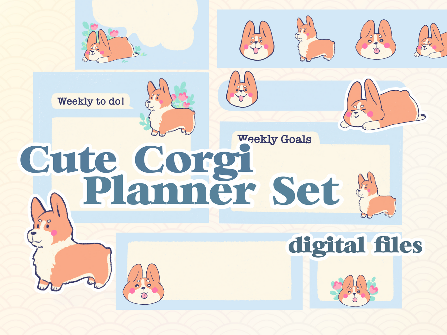 Set of 27 different digital Pembroke Welsh Corgi planner stickers for Digital Planners, Goodnotes, Notability