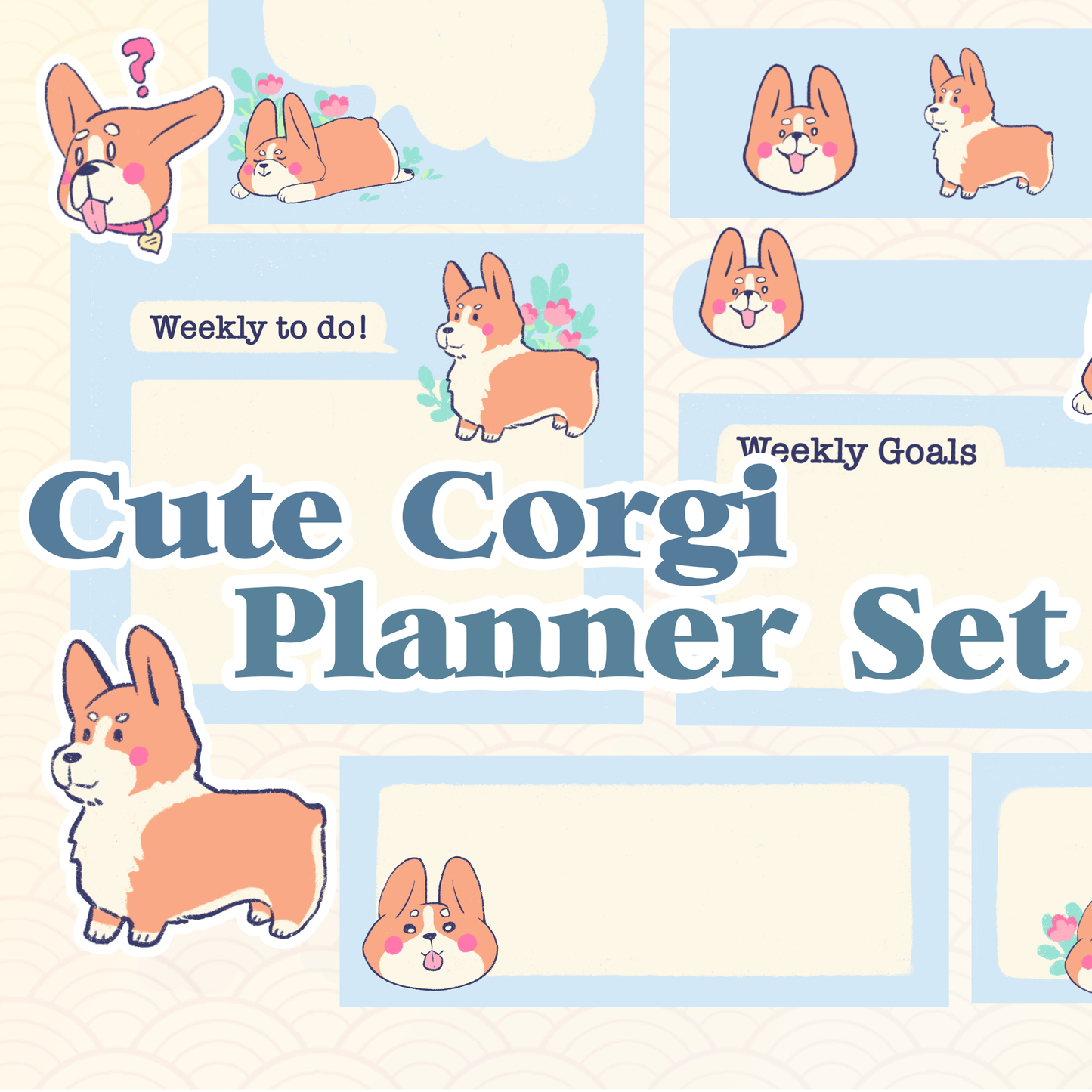 Set of 27 different digital Pembroke Welsh Corgi planner stickers for Digital Planners, Goodnotes, Notability