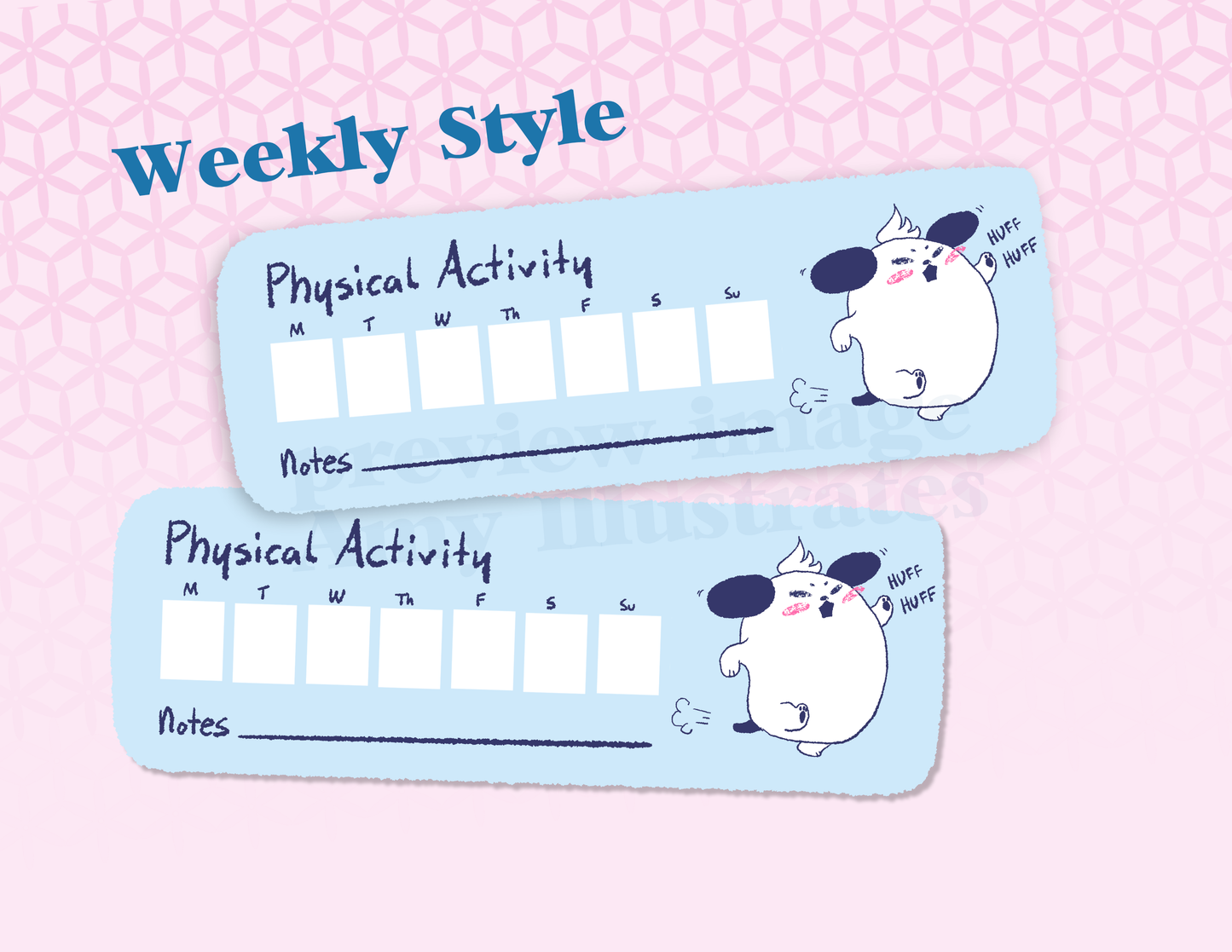 Set of 3 digital Chonky puppy themed exercise trackers for digital journals, planners, goodnotes, notability and etc..