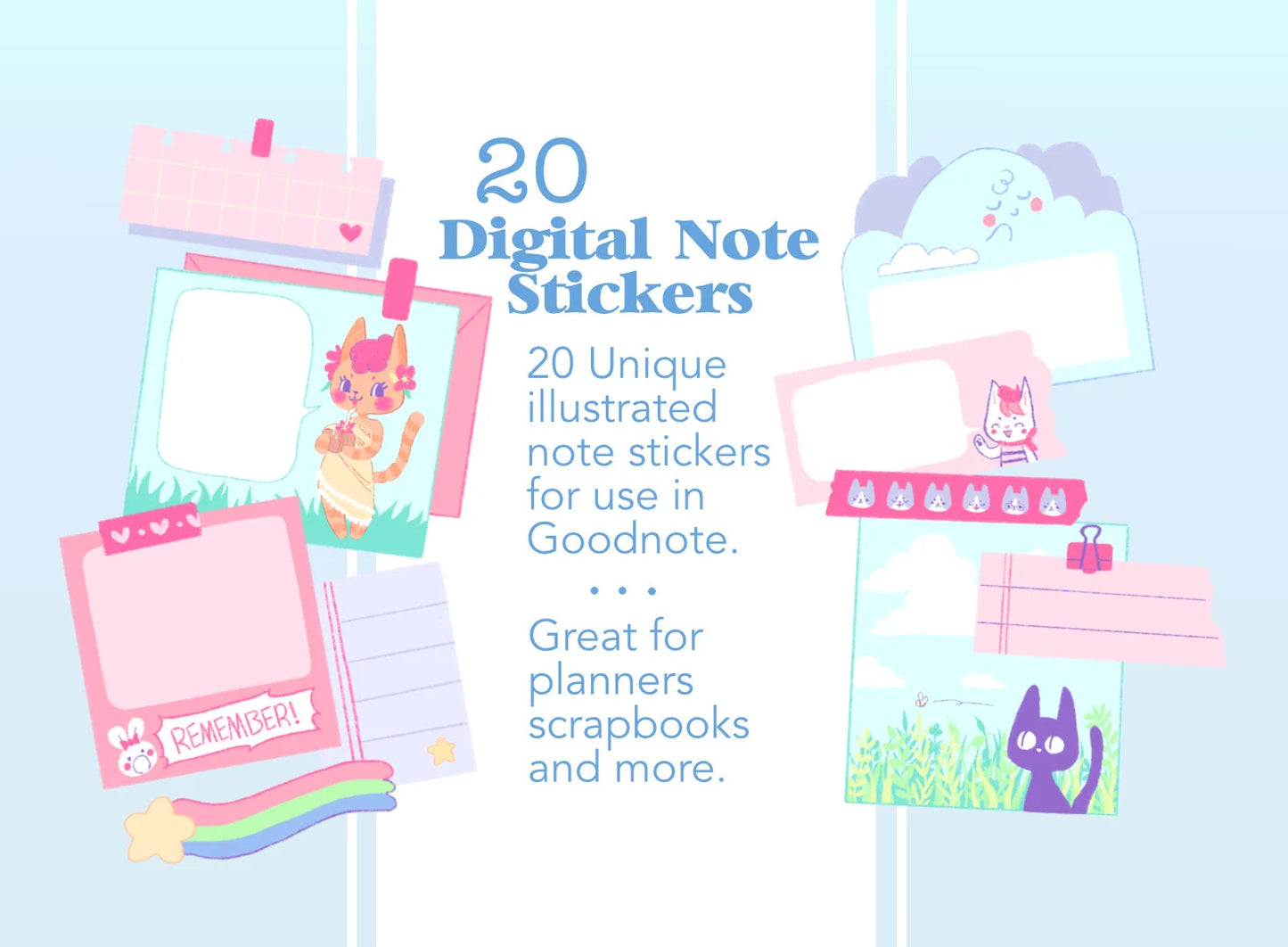 Set of 20 unique illustrated digital note stickers for Goodnote digital planner, scrapbook, journal, cute notes notability bright colors