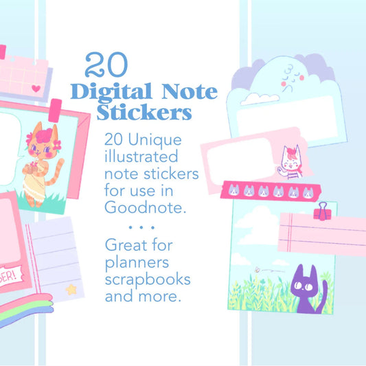 Set of 20 unique illustrated digital note stickers for Goodnote digital planner, scrapbook, journal, cute notes notability bright colors