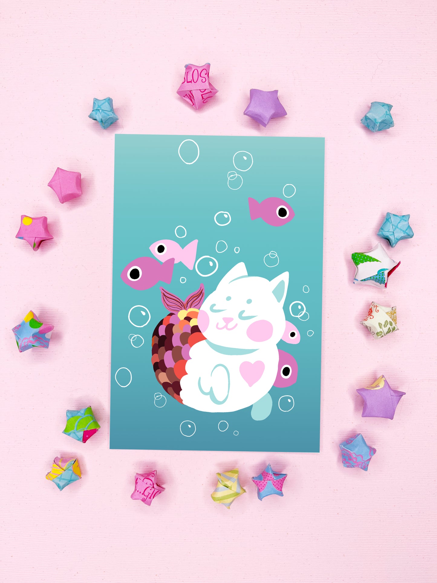 Cute Purrmaid Mermaid Cat Art Print Wall Art Artwork for kids room, nursery, office, children's room, bathroom, home decor