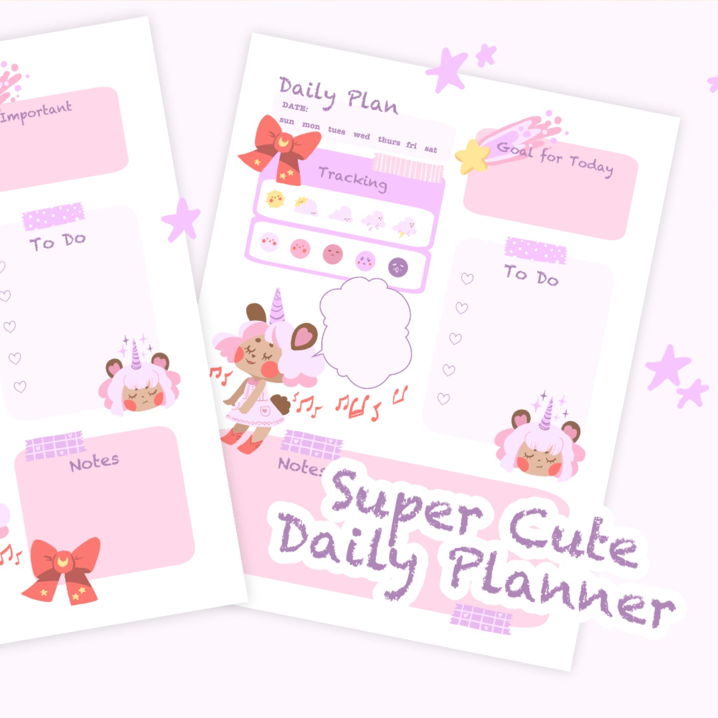 A Super Cute Set of 2 Different Letter Sized Daily Planner Printables Featuring a cute Unicorn Bear