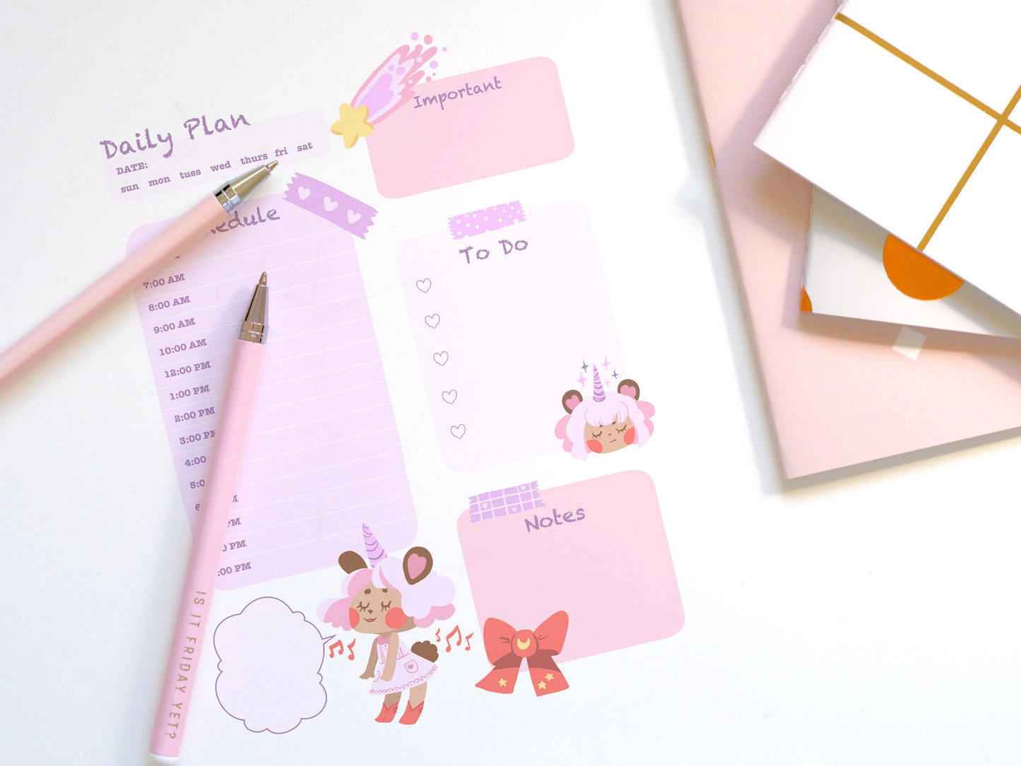 A Super Cute Set of 4 Different Letter Sized Planner Printables Featuring a cute Unicorn Bear