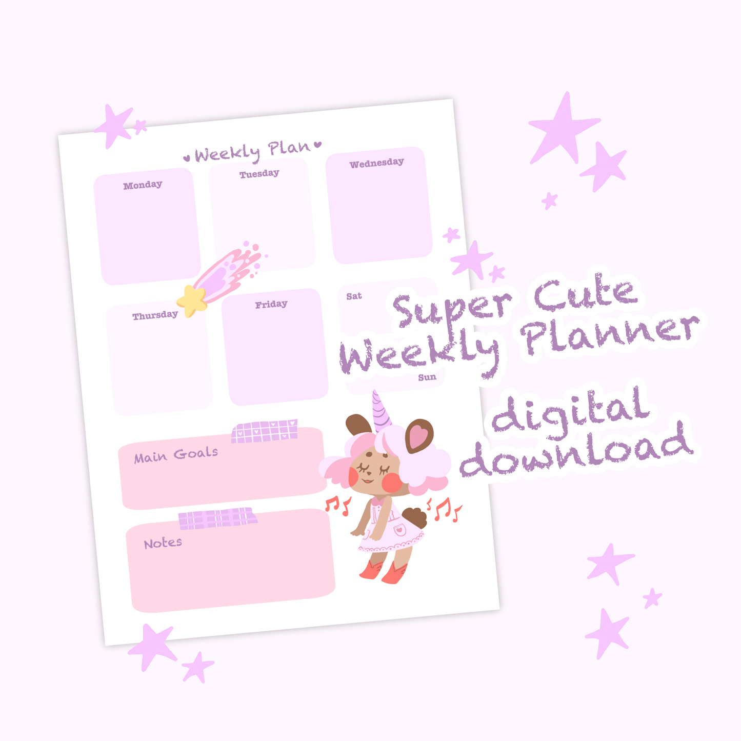 A Super Cute Set of 4 Different Letter Sized Planner Printables Featuring a cute Unicorn Bear