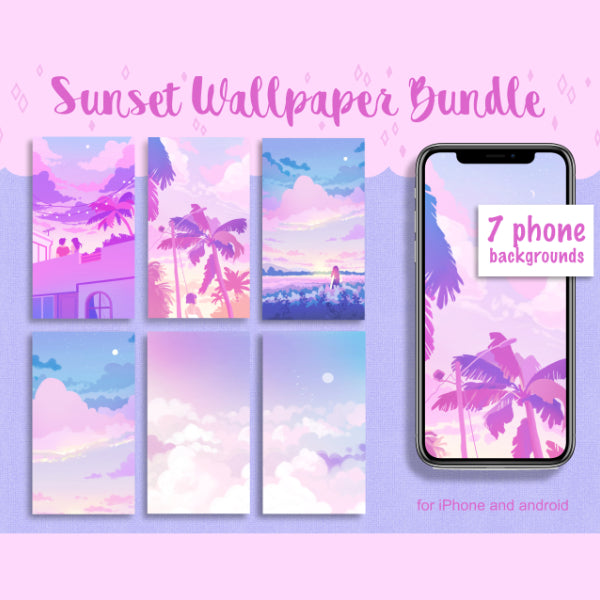 Pink and Blue Sunset Themed Phone Wallpaper Bundle - iPhone Android - Phone Background Illustration - Phone Aesthetic