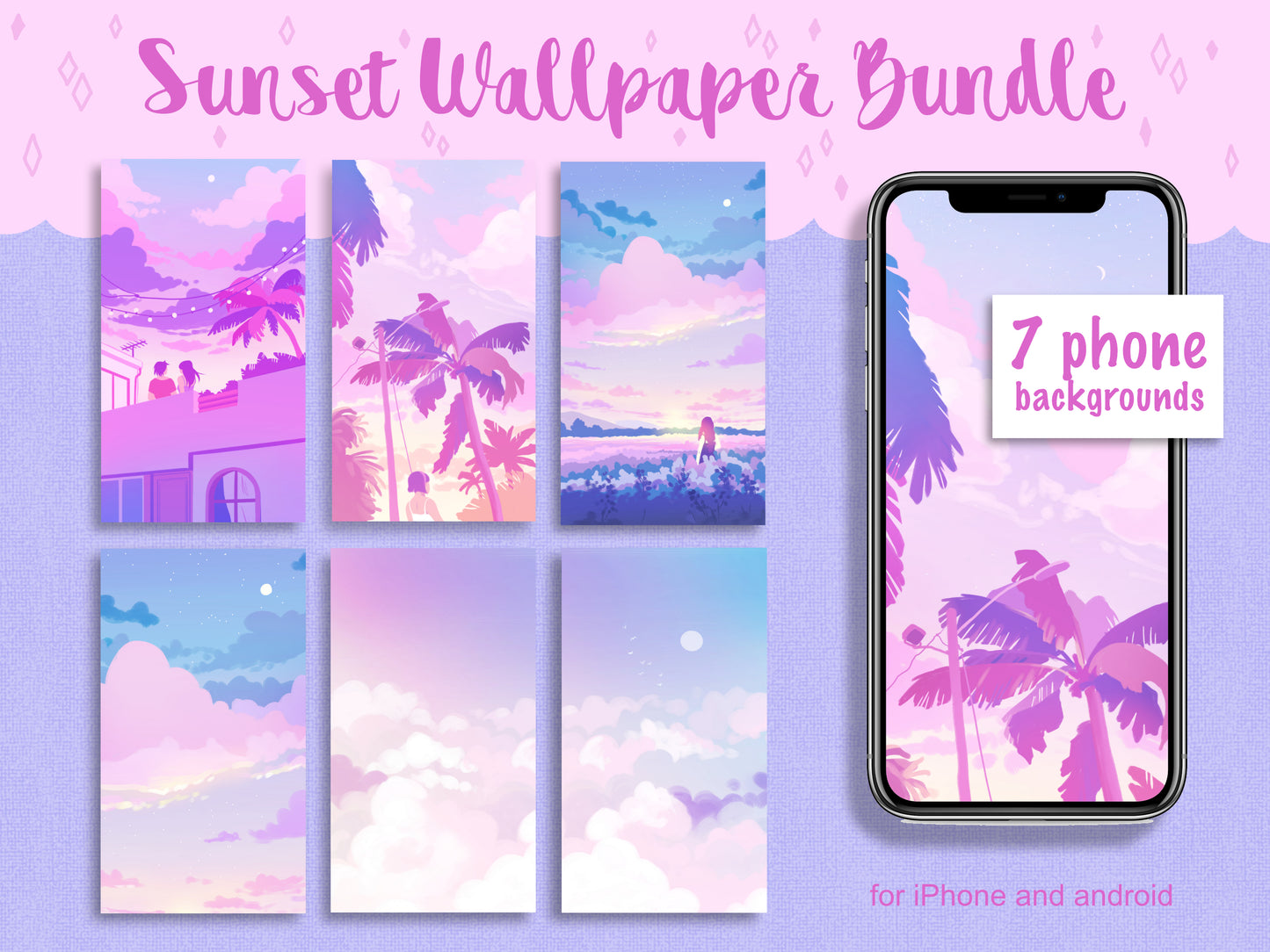 Pink and Blue Sunset Themed Phone Wallpaper Bundle - iPhone Android - Phone Background Illustration - Phone Aesthetic