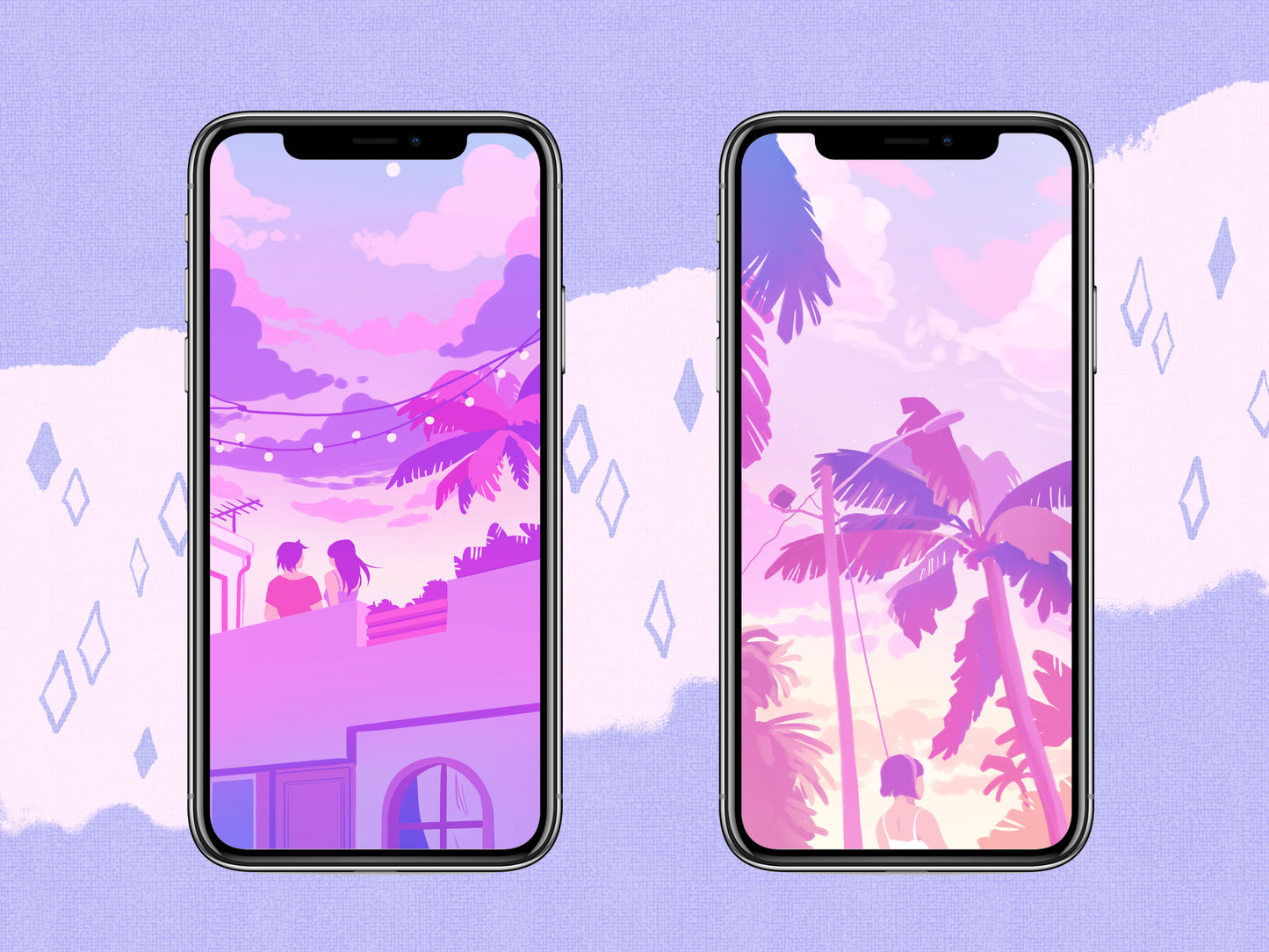 Pink and Blue Sunset Themed Phone Wallpaper Bundle - iPhone Android - Phone Background Illustration - Phone Aesthetic