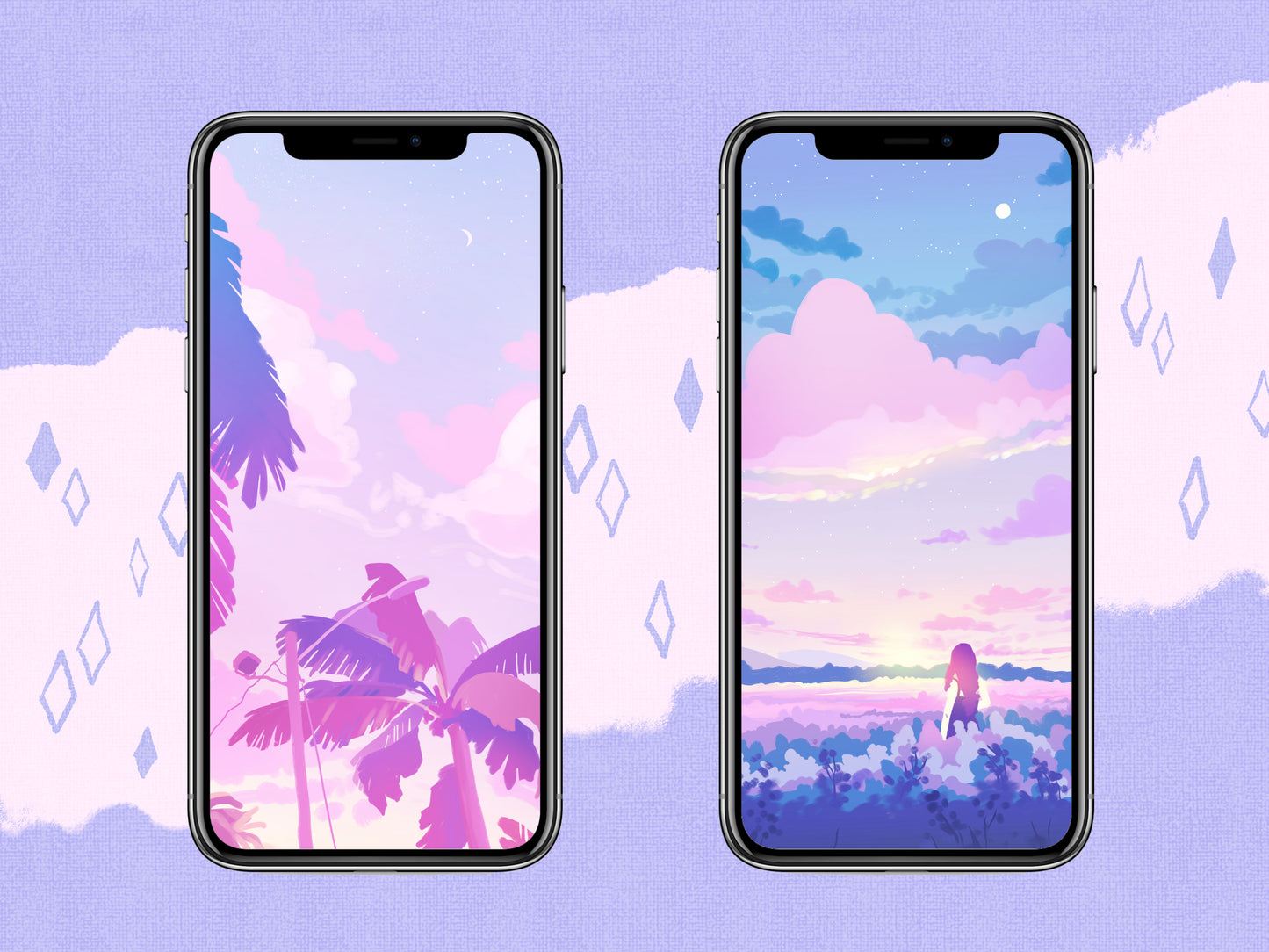 Pink and Blue Sunset Themed Phone Wallpaper Bundle - iPhone Android - Phone Background Illustration - Phone Aesthetic