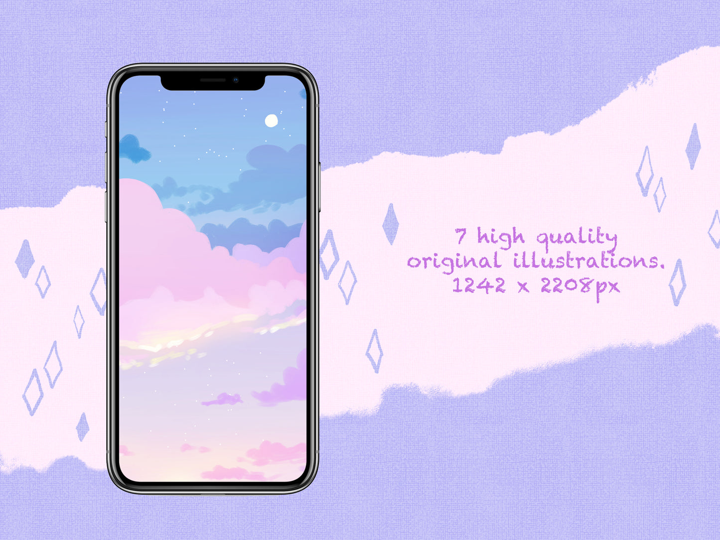 Pink and Blue Sunset Themed Phone Wallpaper Bundle - iPhone Android - Phone Background Illustration - Phone Aesthetic