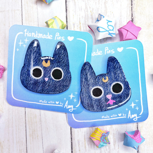 A Cute Handmade Sassy Black Cat Wooden Pin with Hard Resin Enamel